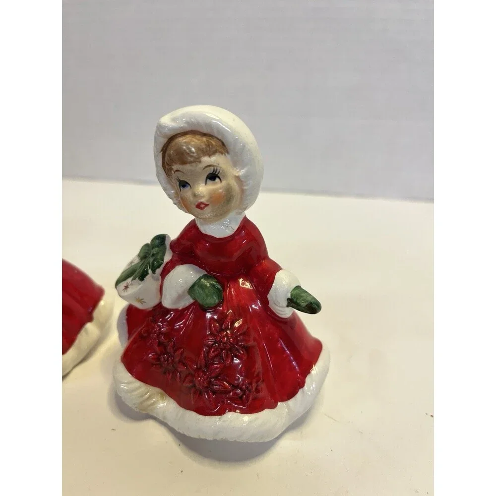 2 Lefton Poinsettia Girls Present Vintage Christmas Figurine Red Dress 6604